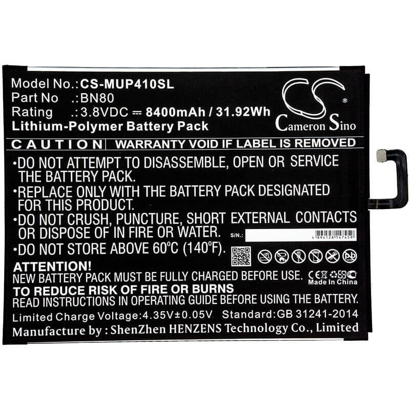 3.8V, Li-Polymer, 8400mAh, Tablet battery fits Xiaomi, Bn80, Mi Pad 4 Plus, 31.92Wh Tablet Cameron Sino Technology Limited