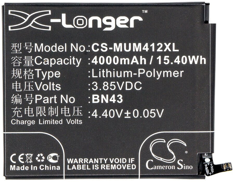 3.85V, Li-Polymer, 4000mAh, SmartPhone battery fits Xiaomi, Bn43, Note 4x ( China Version ), Redmi Note 4x ( China Version, 15.4Wh Mobile, SmartPhone Cameron Sino Technology Limited (Smartphone)