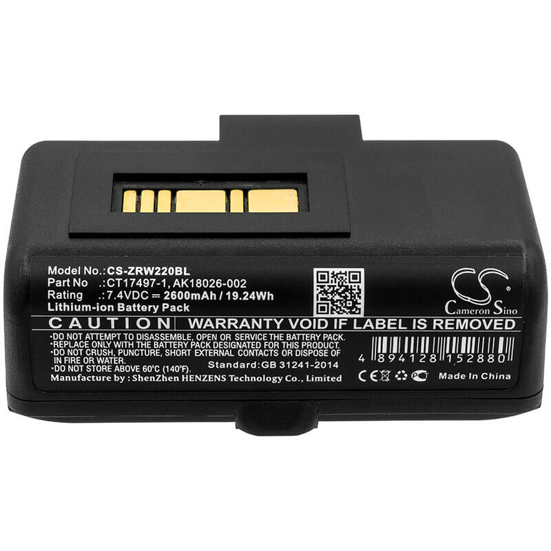 7.4V, Li-ion, 2600mAh, Portable Printer battery fits Zebra, Ak18026-002, Rw220, Rw320, 19.24Wh Portable Printer Cameron Sino Technology Limited