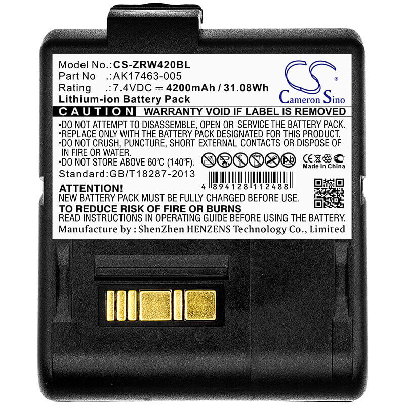 7.4V, Li-ion, 4200mAh, Portable Printer battery fits Zebra, Ak17463-005, L405, Rw420, 31.08Wh Portable Printer Cameron Sino Technology Limited