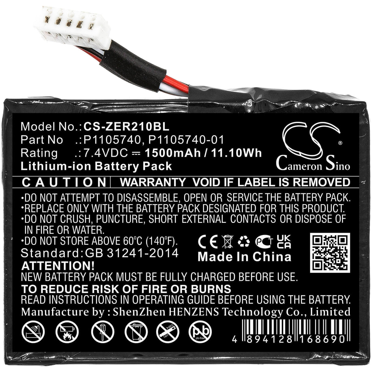 7.4V, Li-ion, 1500mAh, Portable Printer battery fits Zebra, P1105740, Zq200, Zq210, 11.1Wh Portable Printer Cameron Sino Technology Limited