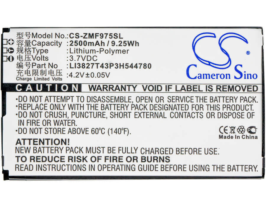 3.7V, Li-Polymer, 2500mAh, Hotspot battery fits Zte, Softbank, Li3827t43p3h544780, Pocket Wifi 303zt, 9.25Wh Hotspot Cameron Sino Technology Limited