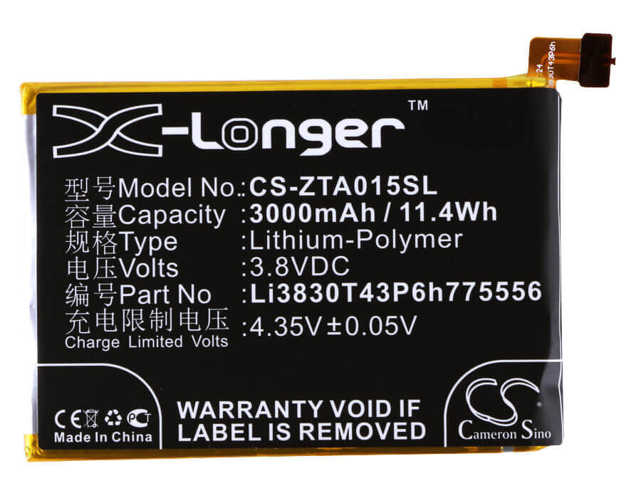 3.8V, Li-Polymer, 3000mAh, SmartPhone battery fits Zte, Li3830t43p6h775556, Axon A1, Axon A1p, 11.4Wh Mobile, SmartPhone Cameron Sino Technology Limited (Smartphone)