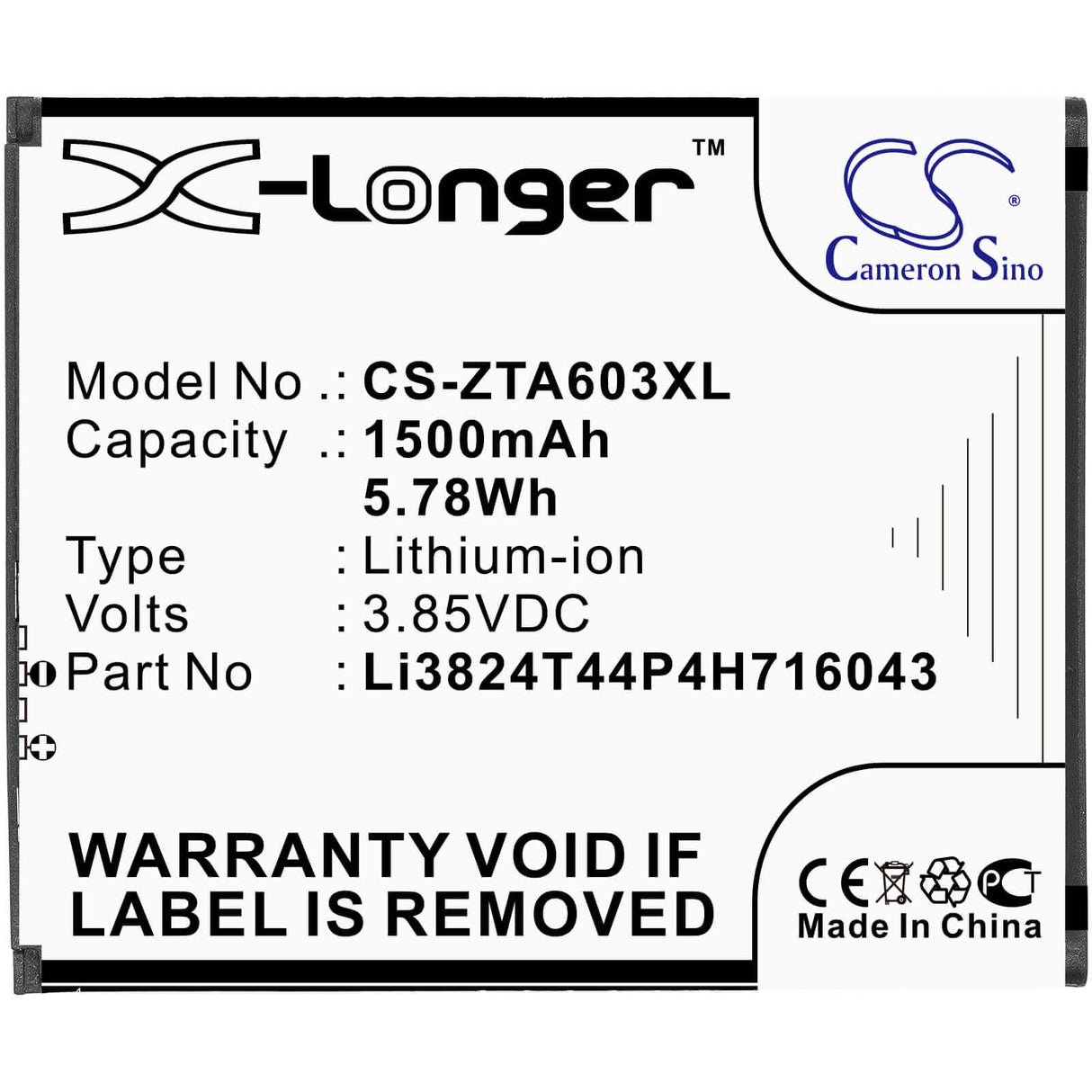 3.85V, Li-ion, 1500mAh, SmartPhone battery fits Zte, Li3824t44p4h716043, 602zt, A521, 5.78Wh Mobile, SmartPhone Cameron Sino Technology Limited (Smartphone)