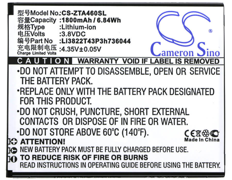 3.8V, Li-ion, 1800mAh, SmartPhone battery fits Zte, Li3822t43p3h736044, Blade A460, Blade L4, 6.84Wh Mobile, SmartPhone Cameron Sino Technology Limited (Smartphone)