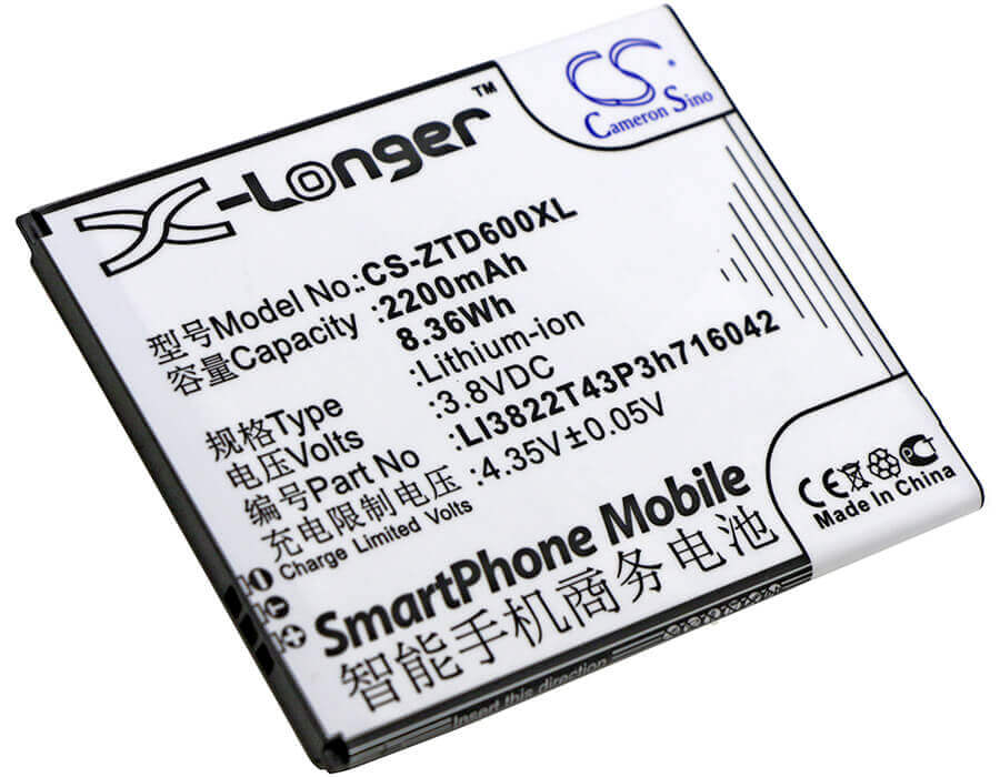 3.8V, Li-ion, 2200mAh, SmartPhone battery fits Zte, Li3822t43p3h716042, Blade D6, Blade D6 Dual Sim, 8.36Wh Mobile, SmartPhone Cameron Sino Technology Limited (Smartphone)