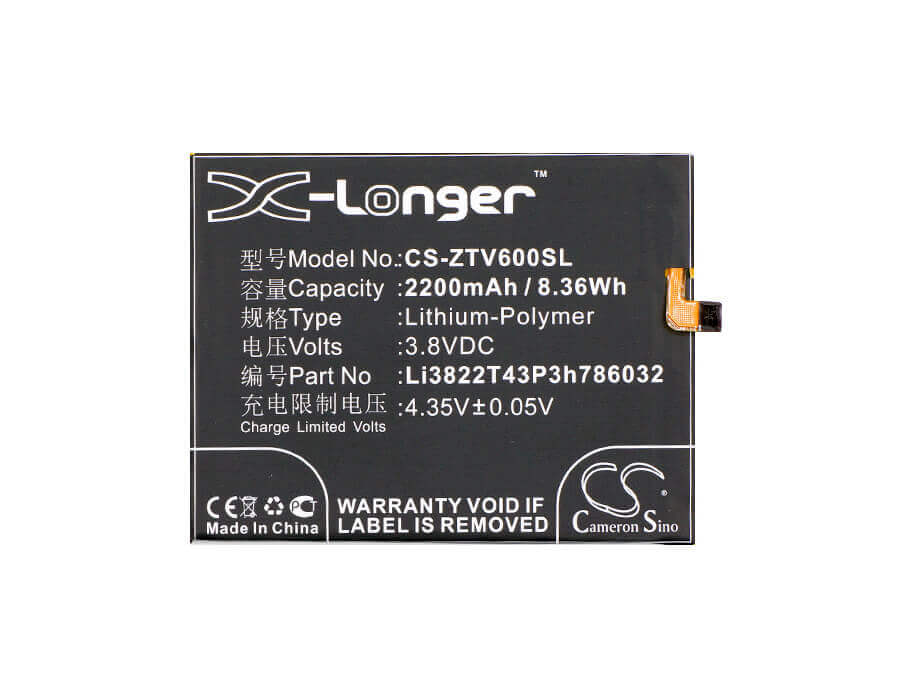 3.8V, Li-Polymer, 2200mAh, SmartPhone battery fits Mobistel, Orbic, Zte, Li3822t43p3h786032, Cynus F7 4g, 8.36Wh Mobile, SmartPhone Cameron Sino Technology Limited (Smartphone)