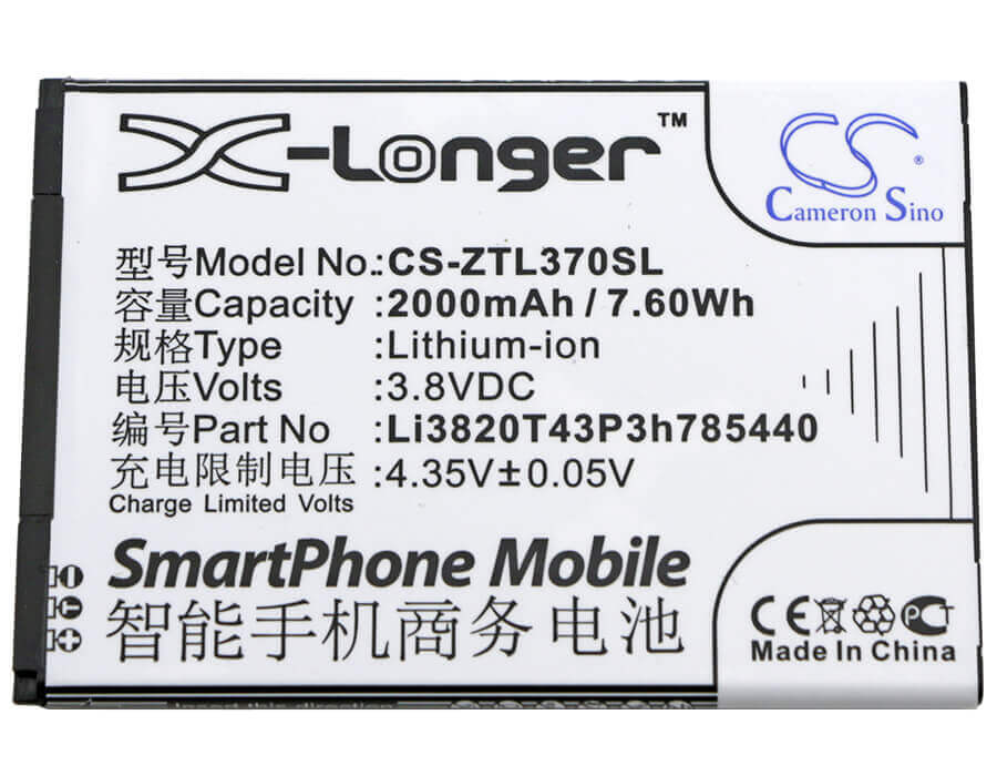 3.8V, Li-ion, 2000mAh, SmartPhone battery fits Zte, Li3820t43p3h785440, Blade L2 Plus, Blade L370, 7.6Wh Mobile, SmartPhone Cameron Sino Technology Limited (Smartphone)