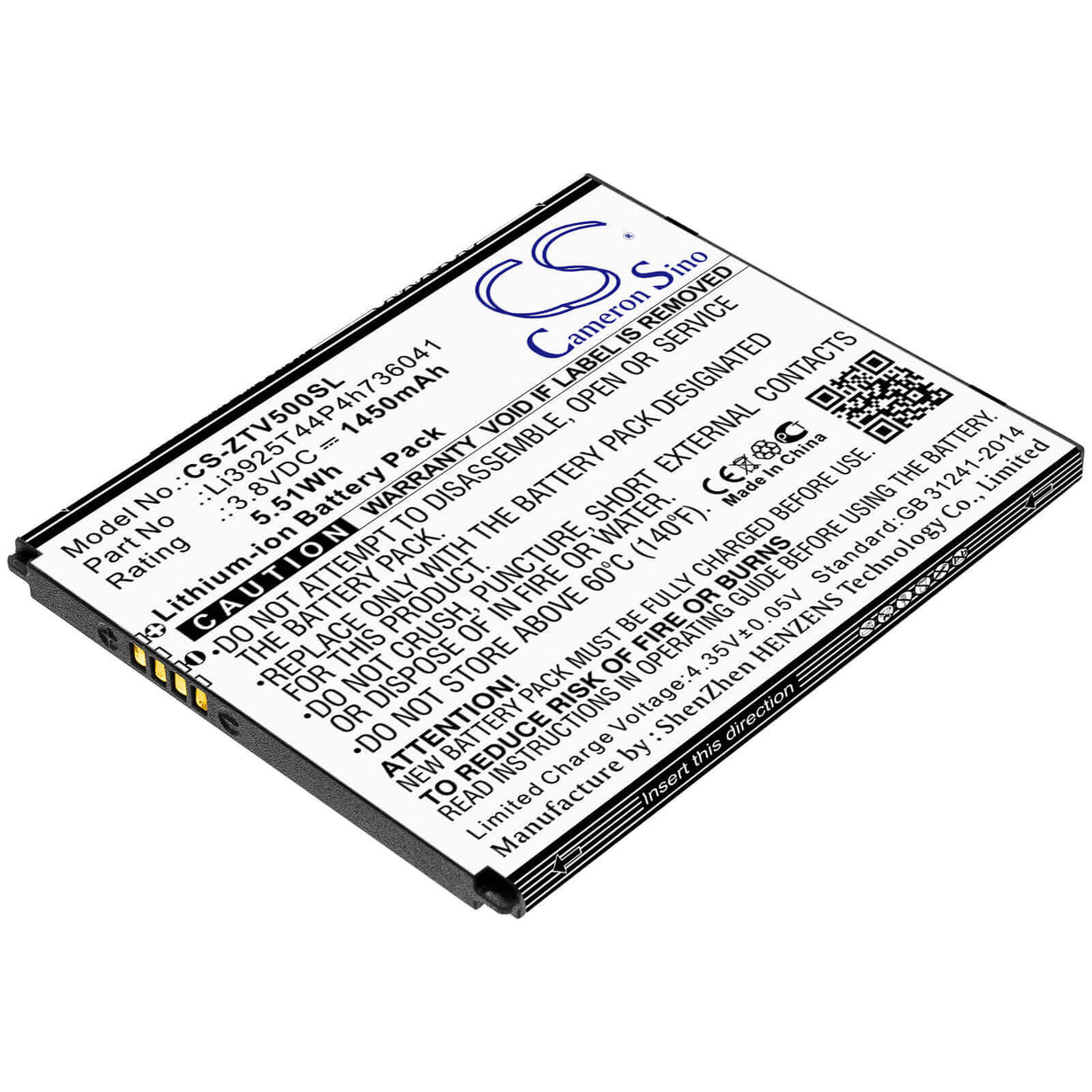 3.8V, Li-ion, 1450mAh, SmartPhone battery fits Zte, Li3925t44p4h736041, Blade Vantage, Blade Vantage 5, 5.51Wh Mobile, SmartPhone Cameron Sino Technology Limited (Smartphone)