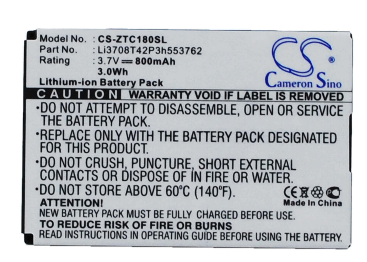 3.7V, Li-ion, 800mAh, SmartPhone battery fits Zte, Li3708t42p3h553762, C160, C180, 2.96Wh Mobile, SmartPhone Cameron Sino Technology Limited (Suspended)