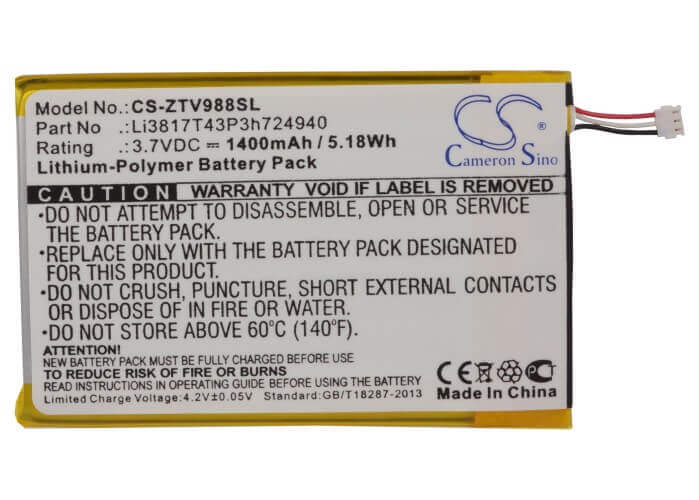 3.7V, Li-Polymer, 1400mAh, SmartPhone battery fits Zte, Li3817t43p3h724940, Ntzez753g3p5p, Paragon, 5.18Wh Mobile, SmartPhone Cameron Sino Technology Limited (Suspended)