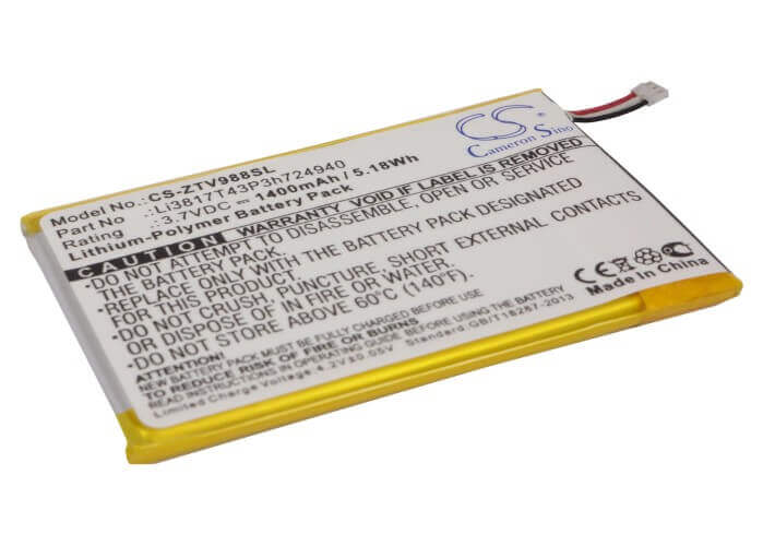 3.7V, Li-Polymer, 1400mAh, SmartPhone battery fits Zte, Li3817t43p3h724940, Ntzez753g3p5p, Paragon, 5.18Wh Mobile, SmartPhone Cameron Sino Technology Limited (Suspended)