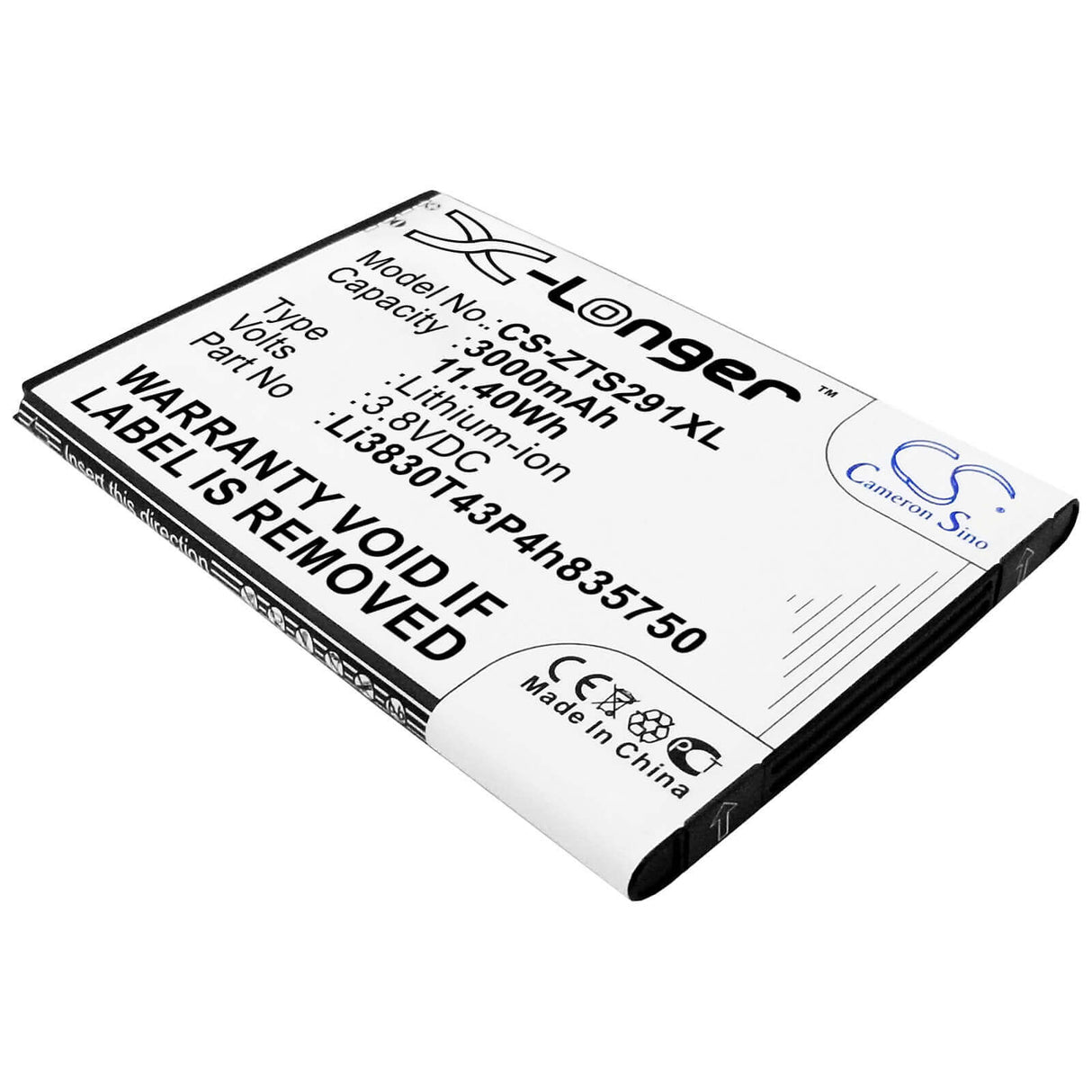 3.8V, Li-ion, 3000mAh, SmartPhone battery fits Zte, Li3830t43p4h835750, Avid 916, Avid 916 Lte, 11.4Wh Mobile, SmartPhone Cameron Sino Technology Limited (Smartphone)
