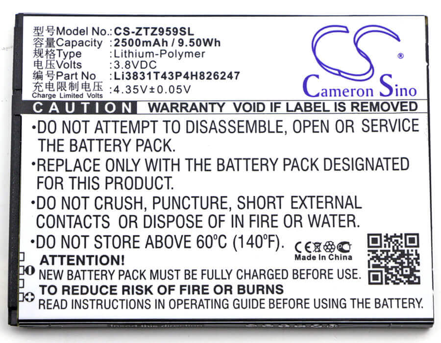 3.8V, Li-Polymer, 2500mAh, SmartPhone battery fits Zte, Li3831t43p4h826247, 3neo, Grand X 3, 9.5Wh Mobile, SmartPhone Cameron Sino Technology Limited (Smartphone)