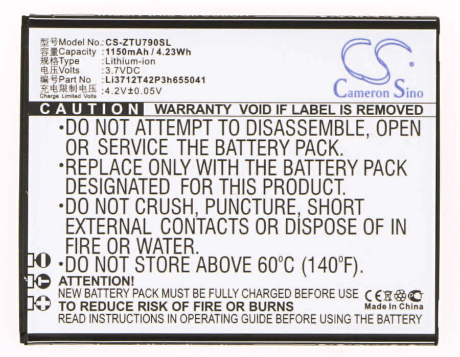 3.7V, Li-ion, 1150mAh, SmartPhone battery fits Zte, Li3712t42p3h655041, Blade C310, L530g, 4.26Wh Mobile, SmartPhone Cameron Sino Technology Limited (Suspended)