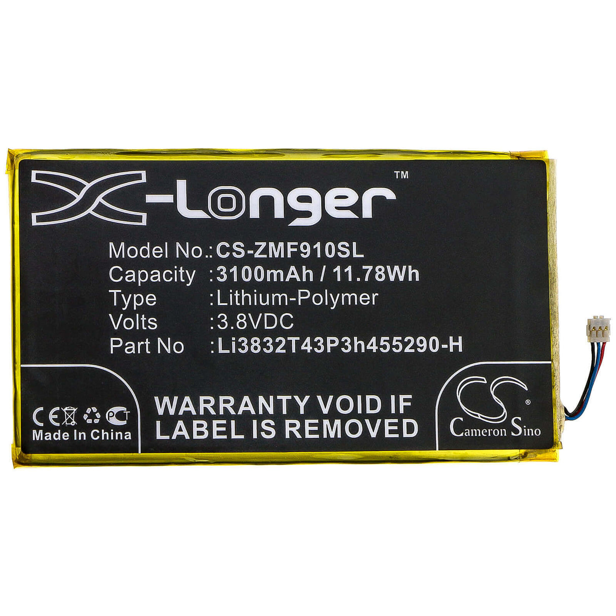 3,8V, Li-Polymer, 3100mAh, batterie Hotspot compatible avec Zte, Li3832t43p3h455290-h, Mf900, 11,78Wh Hotspot Cameron Sino Technology Limited