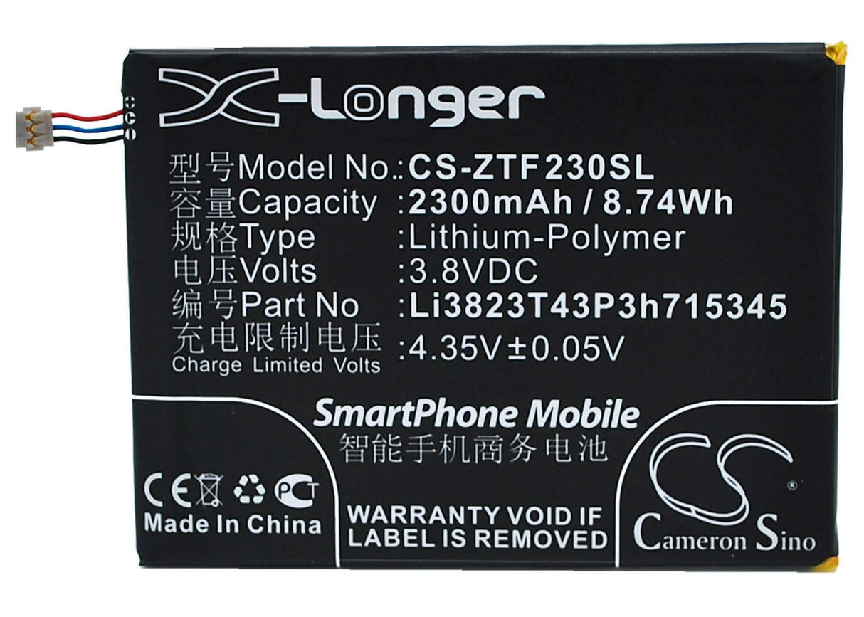3.8V, Li-Polymer, 2300mAh, Hotspot battery fits Zte, Zte, Li3820t43p3h715345, Grand S Flex, Mf910, 8.74Wh Hotspot Cameron Sino Technology Limited