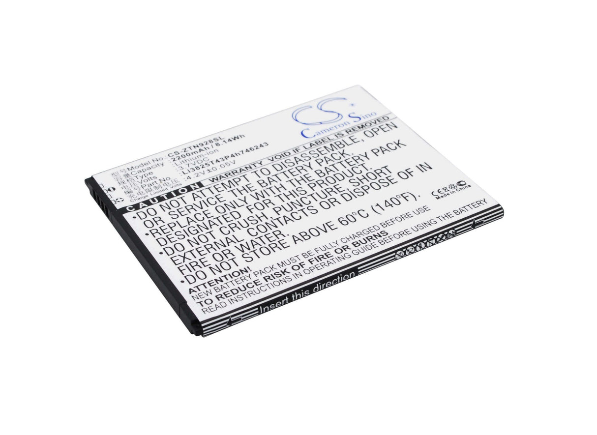 3.7V, Li-ion, 2200mAh, SmartPhone battery fits Zte, Li3825t43p3h746243, N928, N928dt, 8.14Wh Mobile, SmartPhone Cameron Sino Technology Limited (Suspended)