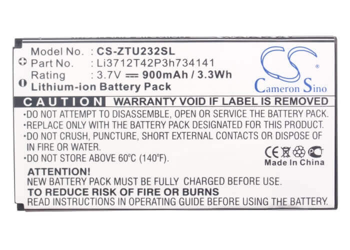 3.7V, Li-ion, 900mAh, SmartPhone battery fits Zte, Li3712t42p3h734141, N960, U236, 3.33Wh Mobile, SmartPhone Cameron Sino Technology Limited (Smartphone)