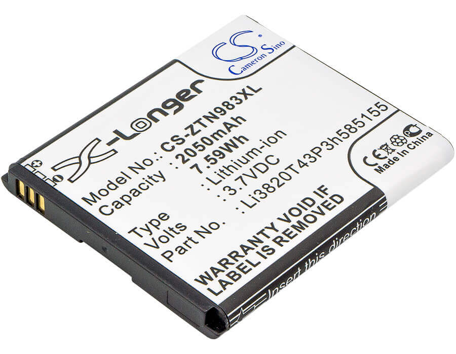 3.7V, Li-ion, 2050mAh, SmartPhone battery fits Zte, Li3820t42p3h585155, N983, Solar, 7.59Wh Mobile, SmartPhone Cameron Sino Technology Limited (Suspended)