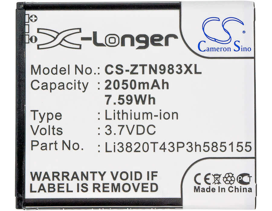 3.7V, Li-ion, 2050mAh, SmartPhone battery fits Zte, Li3820t42p3h585155, N983, Solar, 7.59Wh Mobile, SmartPhone Cameron Sino Technology Limited (Suspended)