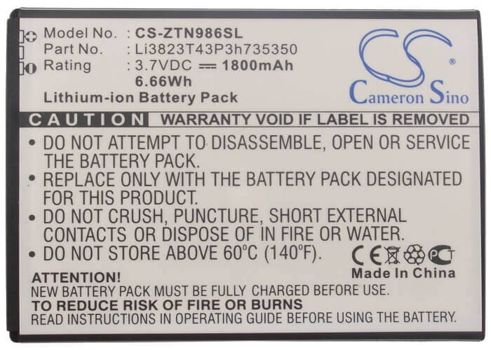 3.7V, Li-ion, 1800mAh, Hotspot battery fits Tegra, Boostmobile, Zte, Li3823t43p3h735350, Straight Talk, Z818g, 6.66Wh Hotspot Cameron Sino Technology Limited