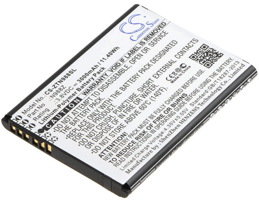 3.8V, Li-Polymer, 3000mAh, SmartPhone battery fits Zte, N988z, N988z, 11.4Wh Mobile, SmartPhone Cameron Sino Technology Limited (Smartphone)