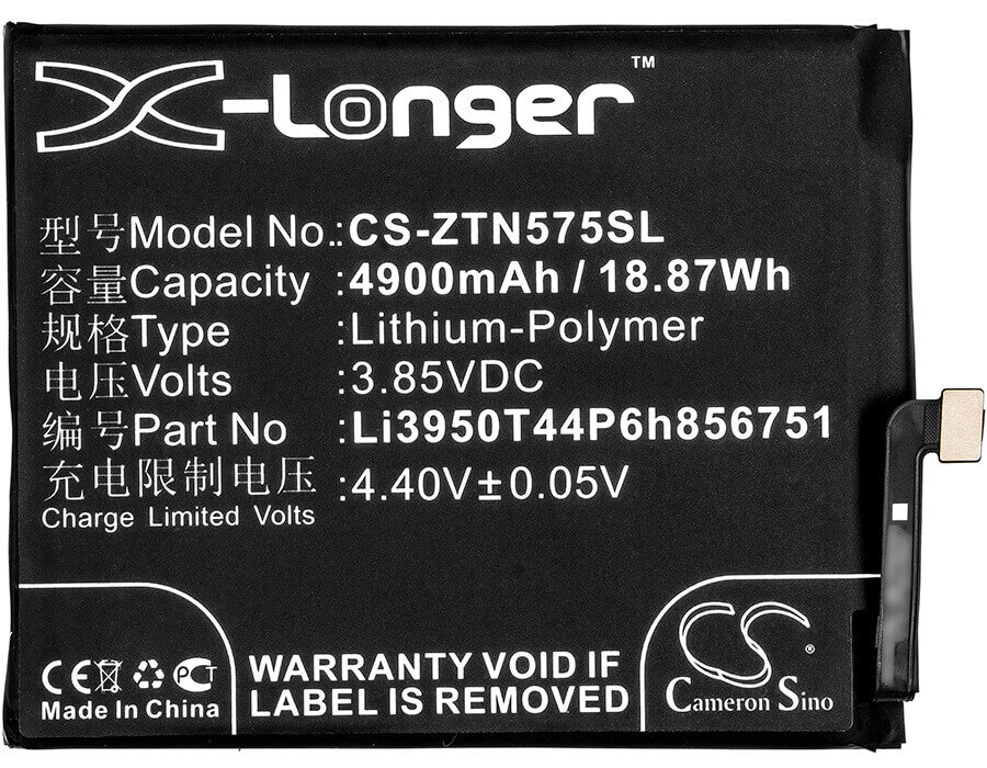 3.85V, Li-Polymer, 4900mAh, SmartPhone battery fits Zte, Nubia, Li3950t44p6h856751, N2, N2 Dual Sim, 18.87Wh Mobile, SmartPhone Cameron Sino Technology Limited (Smartphone)