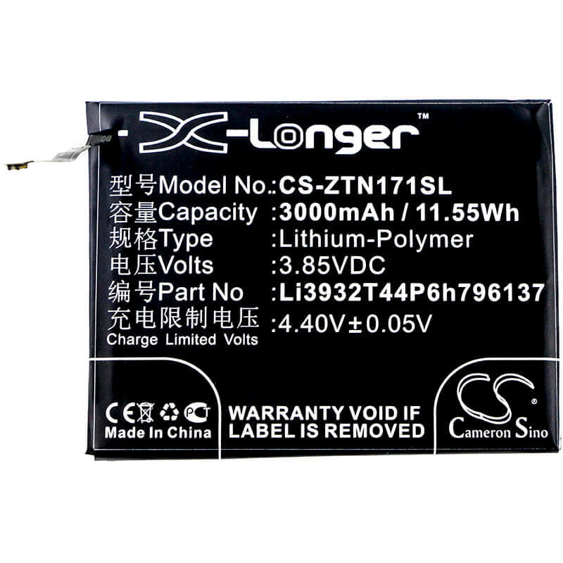 3.85V, Li-Polymer, 3000mAh, SmartPhone battery fits Zte, Nubia, Li3932t44p6h796137, Nx569h, Nx569j, 11.55Wh Mobile, SmartPhone Cameron Sino Technology Limited (Smartphone)