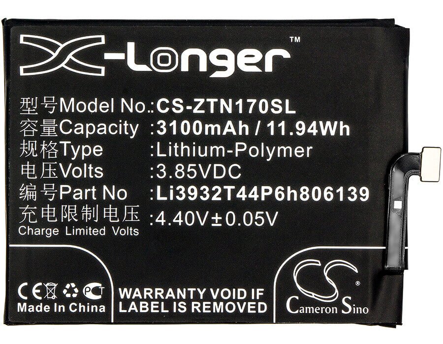 3.85V, Li-Polymer, 3100mAh, SmartPhone battery fits Zte, Li3932t44p6h806139, Nubia Z17, Nubia Z17 Dual Sim, 11.94Wh Mobile, SmartPhone Cameron Sino Technology Limited (Smartphone)