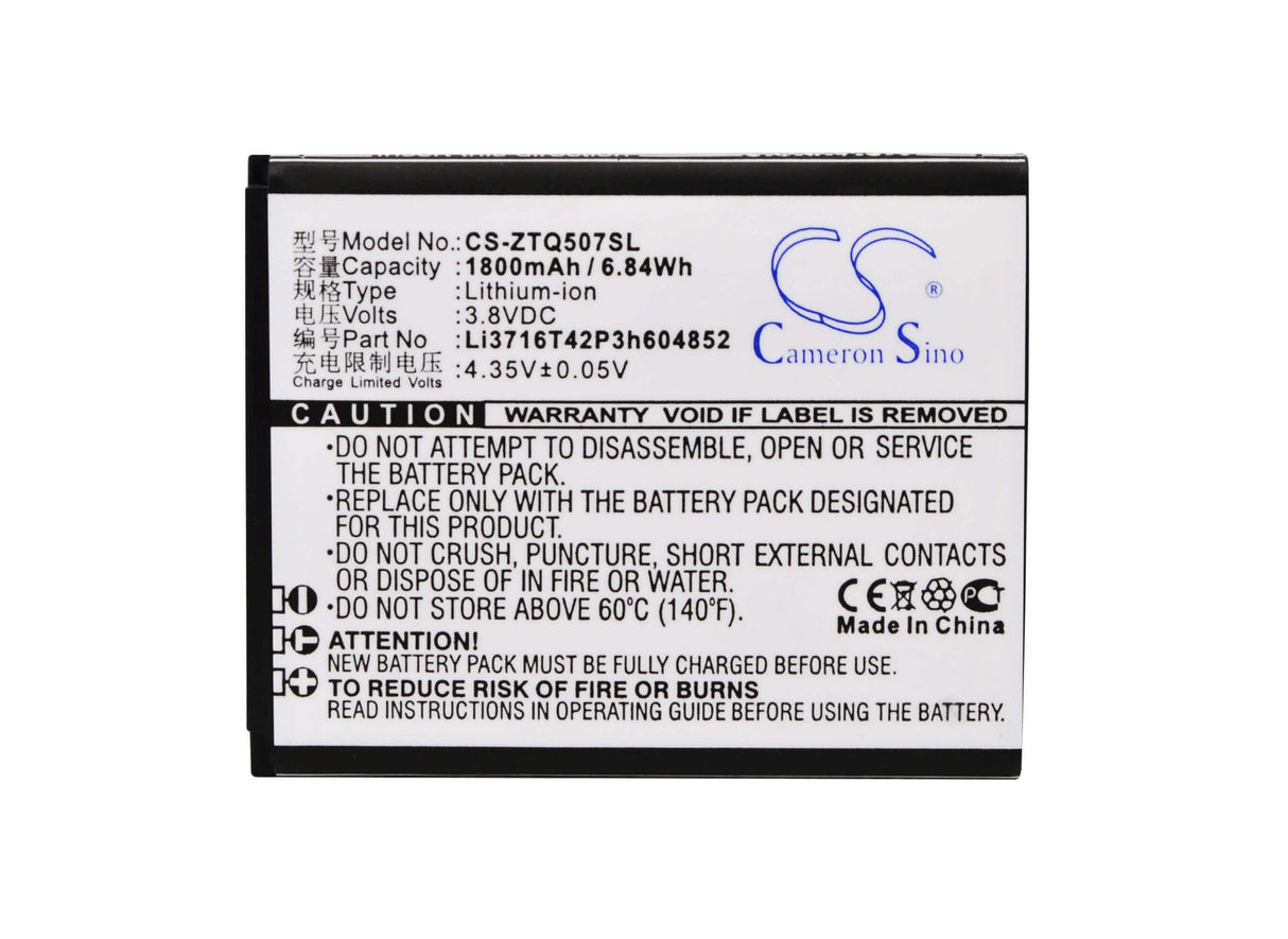 3.8V, Li-ion, 1800mAh, SmartPhone battery fits Brondi, Zte, Li3716t42p3h604852, Luxury 5, 6.84Wh Mobile, SmartPhone Cameron Sino Technology Limited (Smartphone)