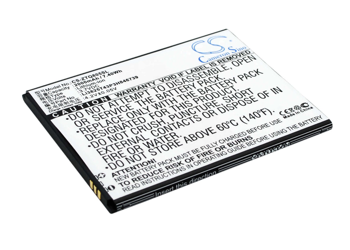 3.7V, Li-ion, 2000mAh, SmartPhone battery fits Zte, Li3825t43p3h846739, Q805t, 7.4Wh Mobile, SmartPhone Cameron Sino Technology Limited (Suspended)