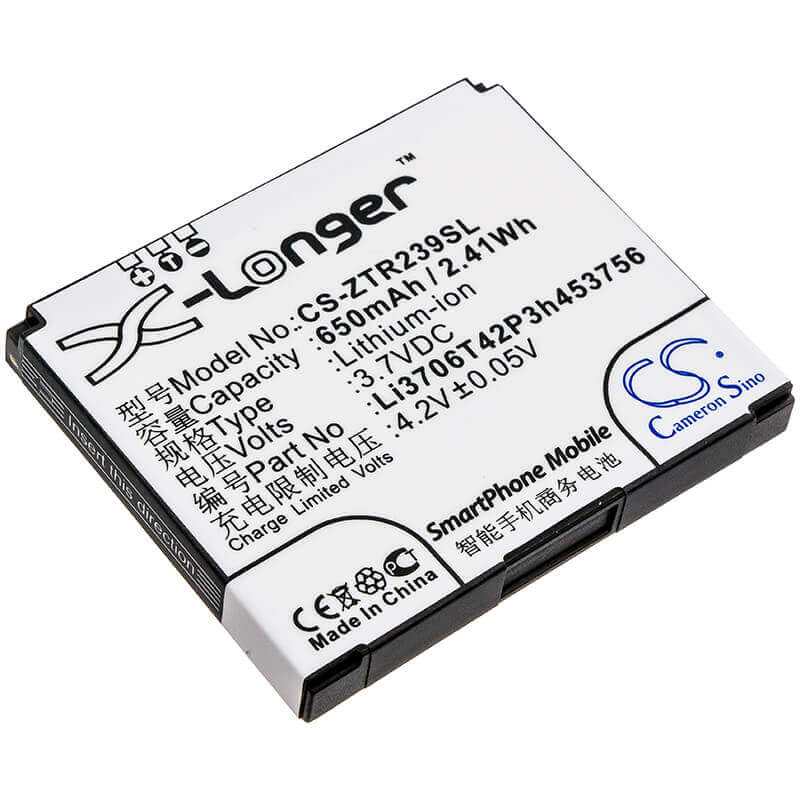 3.7V, Li-ion, 650mAh, SmartPhone battery fits Zte, Li3706t42p3h453756, R239, 2.41Wh Mobile, SmartPhone Cameron Sino Technology Limited (Suspended)