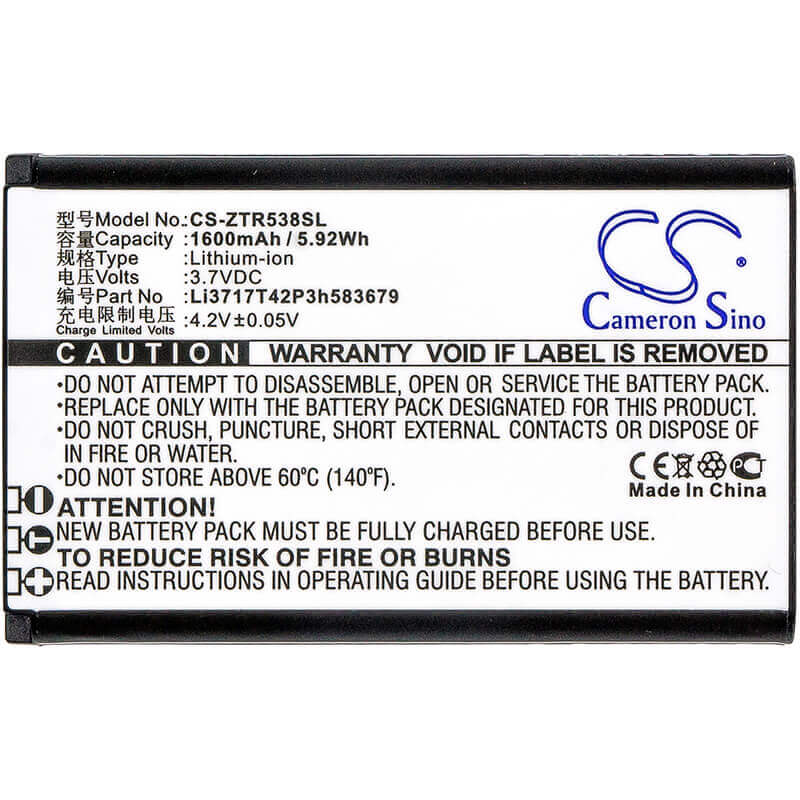 3.7V, Li-ion, 1600mAh, SmartPhone battery fits Zte, Li3717t42p3h583679, R538, 5.92Wh Mobile, SmartPhone Cameron Sino Technology Limited (Smartphone)