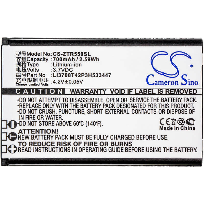 3.7V, Li-ion, 700mAh, SmartPhone battery fits Zte, Li3708t42p3h533447, R550, 2.59Wh Mobile, SmartPhone Cameron Sino Technology Limited (Smartphone)