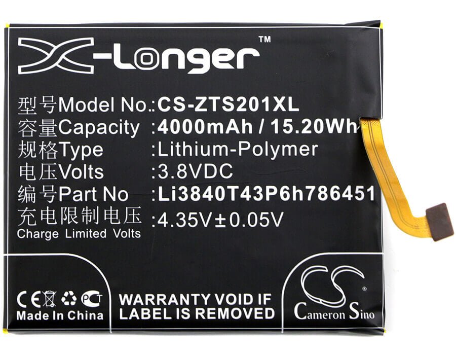3.8V, Li-Polymer, 4000mAh, SmartPhone battery fits Zte, Li3840t43p6h786451, S2014, Voyage Plus, 15.2Wh Mobile, SmartPhone Cameron Sino Technology Limited (Suspended)
