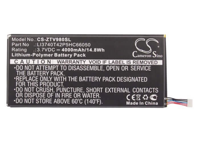 3.7V, Li-Polymer, 4000mAh, Tablet battery fits Zte, Li3740t42p5hc66050, P98t, T98, 14.80Wh Tablet Cameron Sino Technology Limited