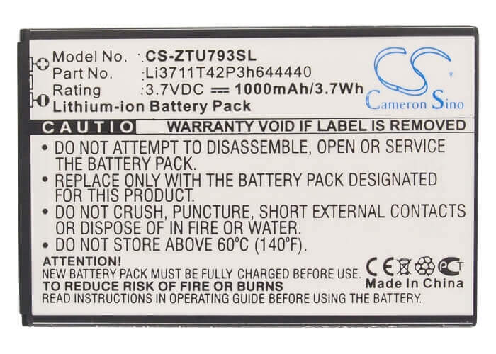 3.7V, Li-ion, 1000mAh, SmartPhone battery fits Zte, Li3711t42p3h644440, U793, 3.7Wh Mobile, SmartPhone Cameron Sino Technology Limited (Smartphone)