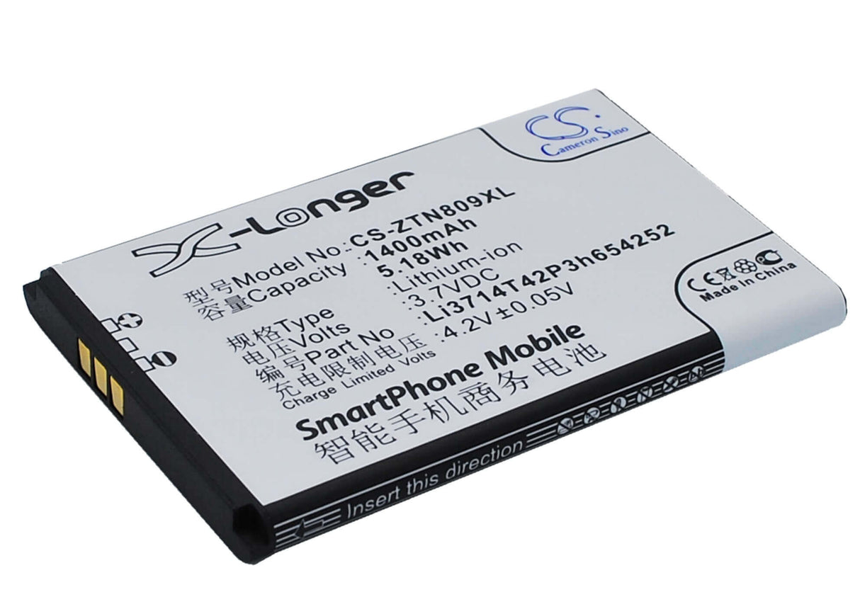 3.7V, Li-ion, 1400mAh, SmartPhone battery fits Zte, Li3714t42p3h654252, U809, V809, 5.18Wh Mobile, SmartPhone Cameron Sino Technology Limited (Suspended)
