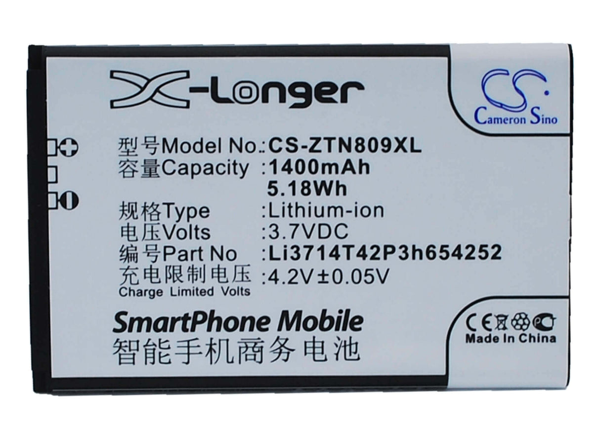 3.7V, Li-ion, 1400mAh, SmartPhone battery fits Zte, Li3714t42p3h654252, U809, V809, 5.18Wh Mobile, SmartPhone Cameron Sino Technology Limited (Suspended)