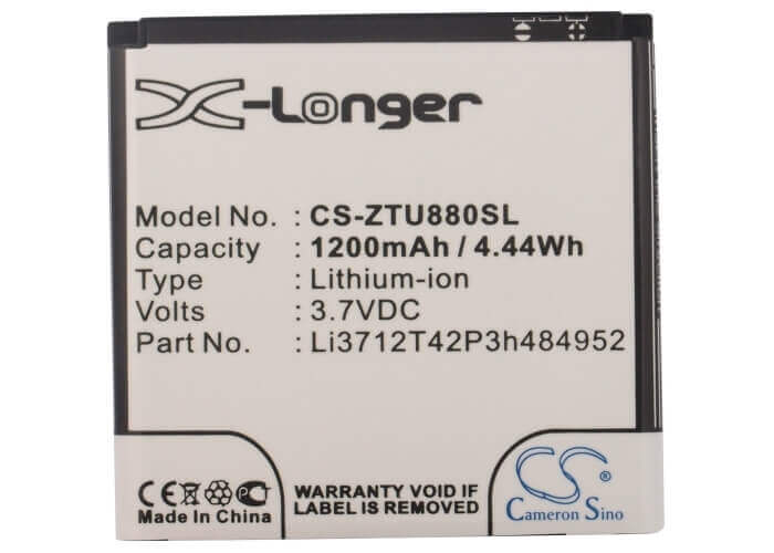 3.7V, Li-ion, 1200mAh, SmartPhone battery fits Amazing, Zte, Li3712t42p3h484952, A3, A3s, 4.44Wh Mobile, SmartPhone Cameron Sino Technology Limited (Smartphone)
