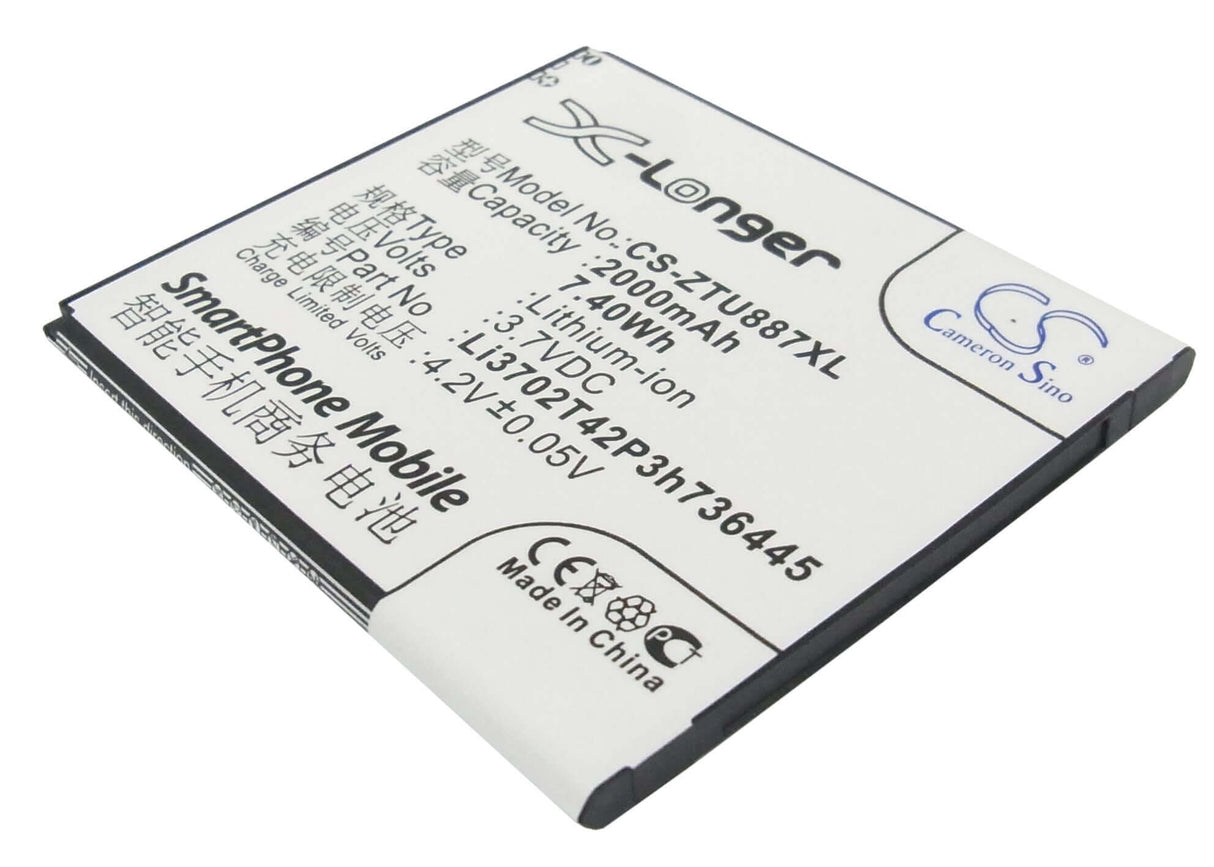 3.7V, Li-ion, 2000mAh, SmartPhone battery fits Zte, Li3702t42p3h736445, U887, 7.4Wh Mobile, SmartPhone Cameron Sino Technology Limited (Suspended)