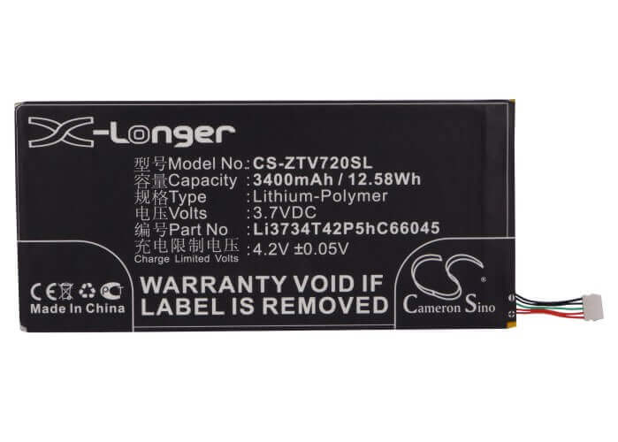 3.7V, Li-Polymer, 3400mAh, Tablet battery fits Zte, Li3734t42p5hc66045, V72, V72a, 12.58Wh Tablet Cameron Sino Technology Limited