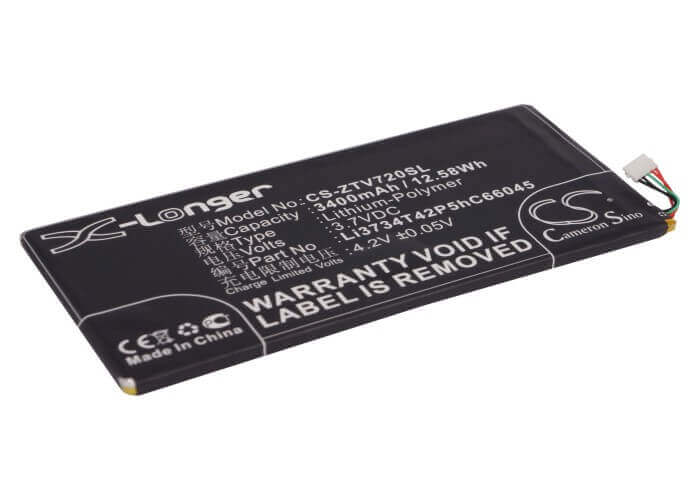 3.7V, Li-Polymer, 3400mAh, Tablet battery fits Zte, Li3734t42p5hc66045, V72, V72a, 12.58Wh Tablet Cameron Sino Technology Limited