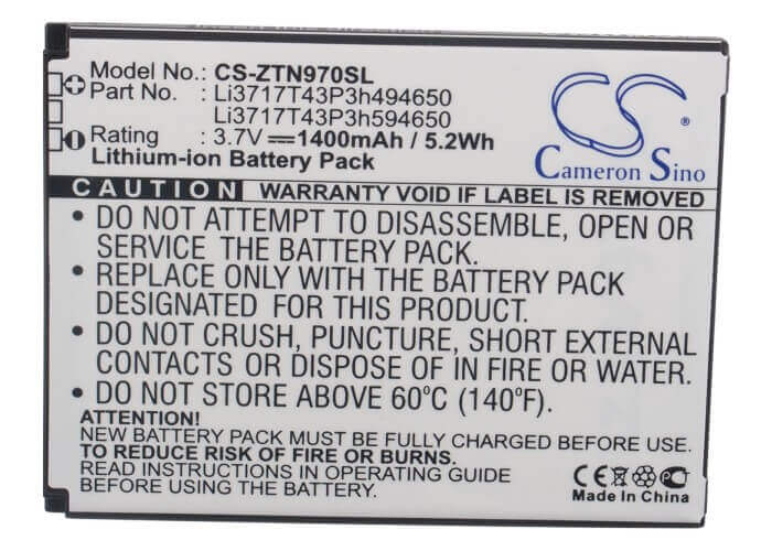 3.7V, Li-ion, 1400mAh, SmartPhone battery fits Srf, Virgin Mobile, Amazing, Net10, Zte, Li3716t42p3h594650, A2, 5.18Wh Mobile, SmartPhone Cameron Sino Technology Limited (Smartphone)