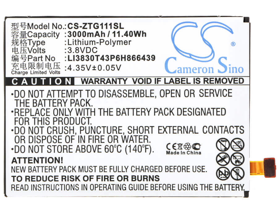 3.8V, Li-Polymer, 3000mAh, SmartPhone battery fits Zte, Li3830t43p6h866439, G111, N9518, 11.4Wh Mobile, SmartPhone Cameron Sino Technology Limited (Smartphone)