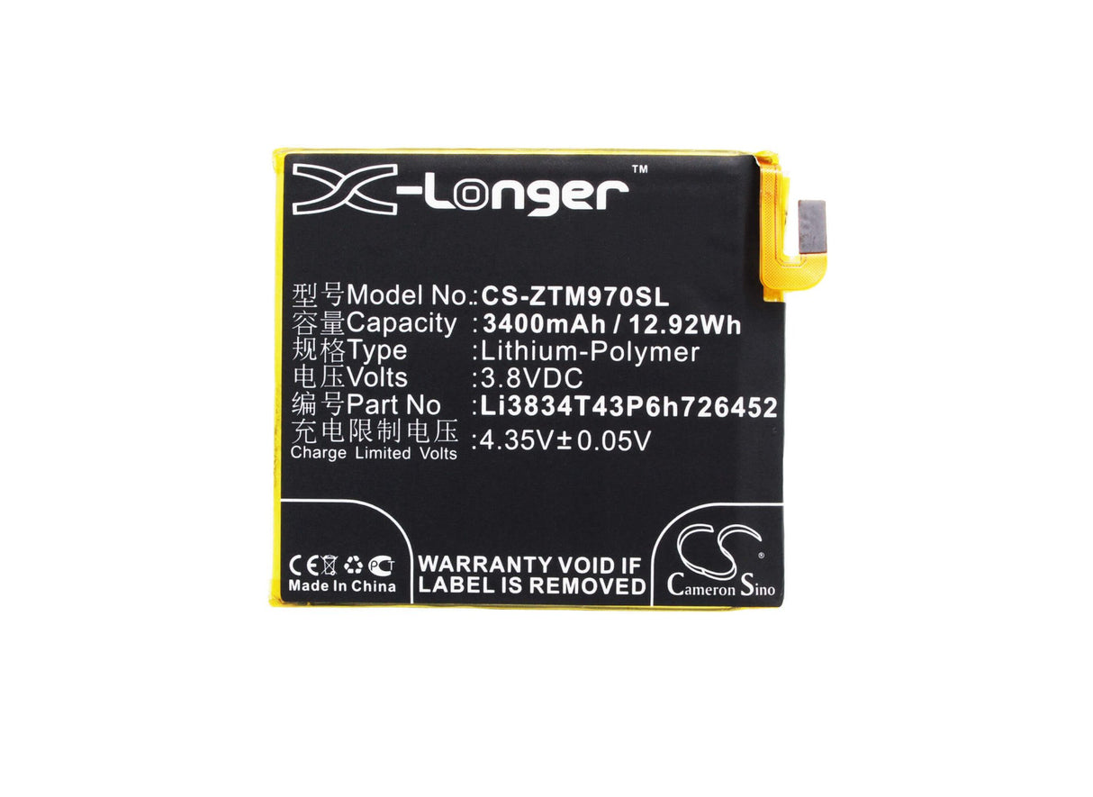 3.8V, Li-Polymer, 3400mAh, SmartPhone battery fits Zte, Li3834t43p6h726452, A450, Blade A450, 12.92Wh Mobile, SmartPhone Cameron Sino Technology Limited (Smartphone)