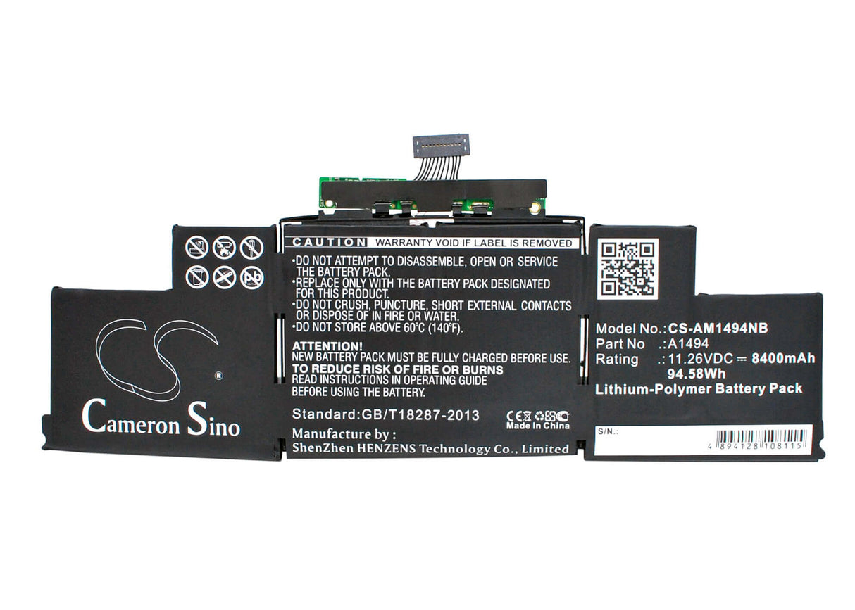 Black Battery For Apple Macbook Pro Retina Display 15" A1398, Me293, Me294 11.26v, 8400mah - 94.58wh Notebook, Laptop Cameron Sino Technology Limited