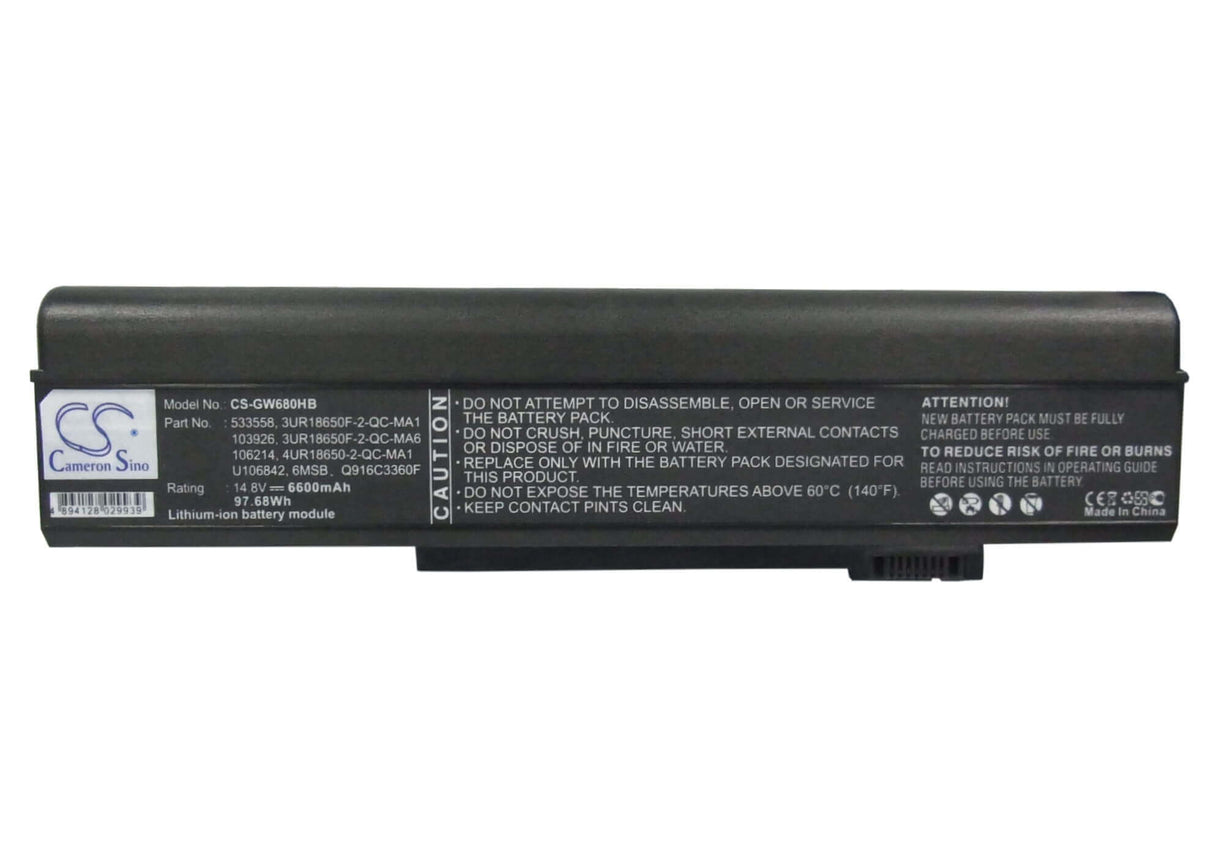 Batterie noire pour Gateway M360, M460, M680 14,8v, 6600mah - 97.68wh Batteries pour l'électronique Cameron Sino Technology Limited (Suspendu)