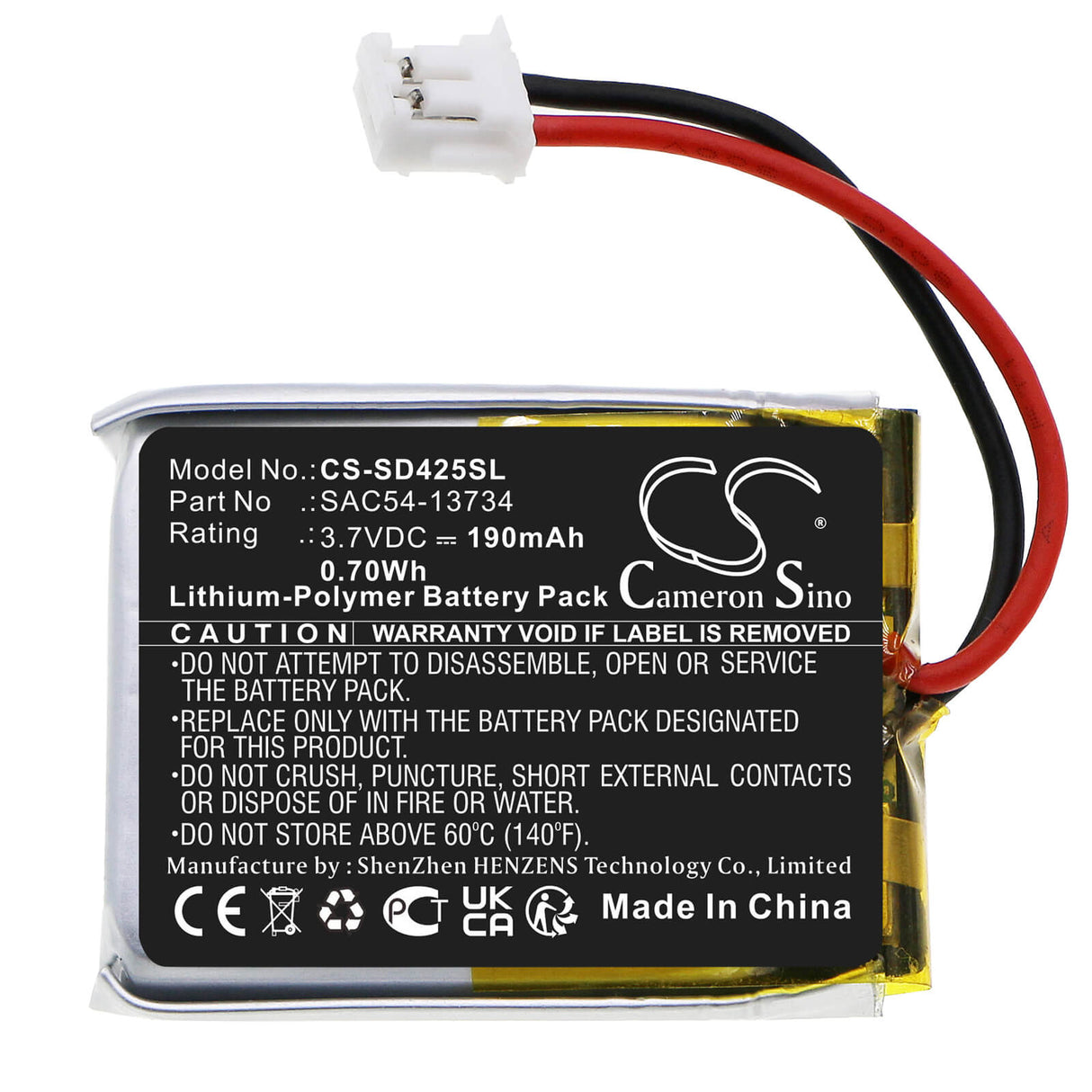 3.7V, Li-Polymer, 190mAh, Dog Collar battery fits Sportdog, Sac54-13734, Fieldtrainer 425, Fieldtrainer 425s, 0.7Wh Dog Collar Cameron Sino Technology Limited